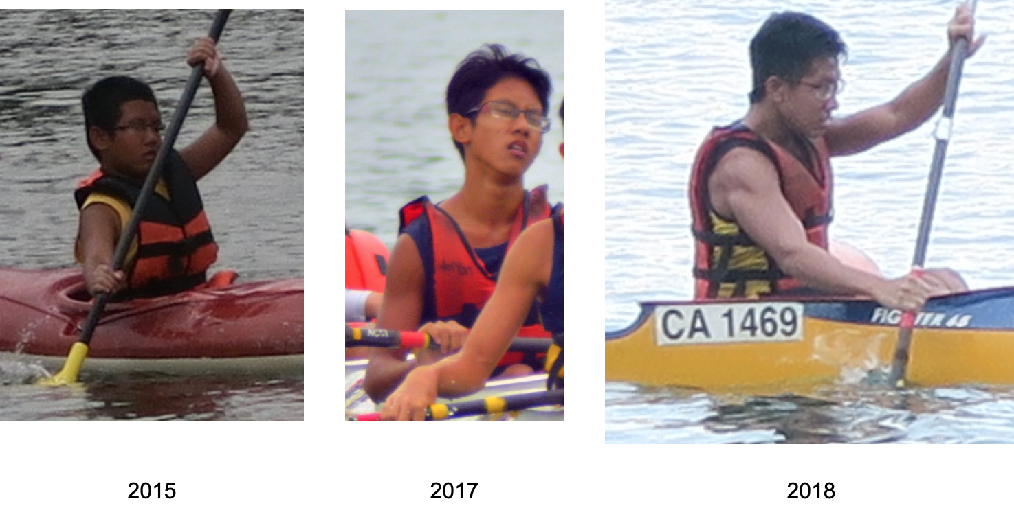 Three photos from 2015, 2017, and 2018 showing a young man with glasses paddling boats on water.